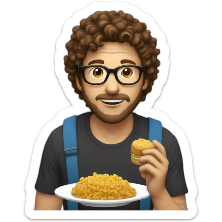 male with brown curly hair with a small brown Beard and round glasses eating cousous sticker