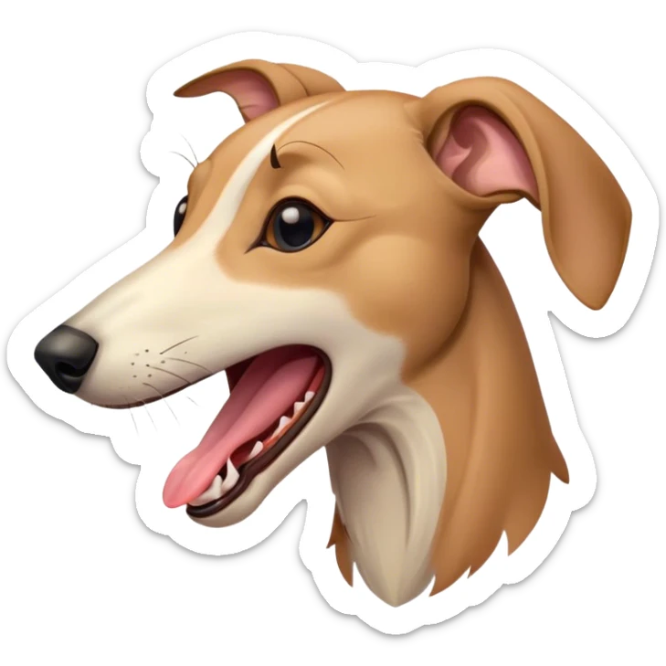 Cinematic Cute Yawning Fawn Greyhound Portrait Emoji, Head tilted slightly with a dramatic, wide-open yawn, showcasing a smooth fawn Fur with a refined finish, floppy ears slightly drooping, round eyes barely open in drowsy contentment, Simplified yet irresistibly adorable features, highly detailed, glowing with a soft, cozy glow, high shine, relaxed yet expressive, stylized with a touch of whimsy, bright and endearing, soft glowing outline, capturing the essence of a sleepy yet affectionate companion, so drowsy it feels like it could stretch out of the screen and curl up for a nap! sticker