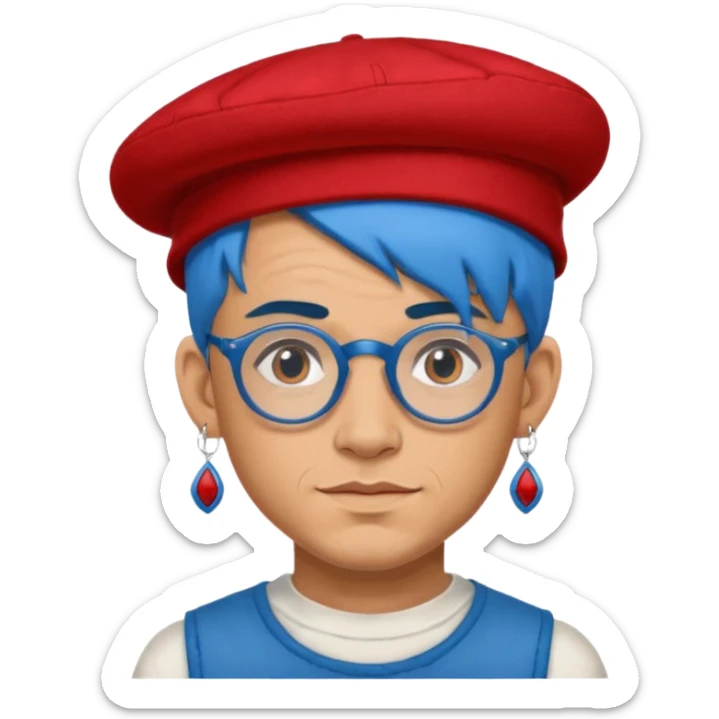 unique looking tourist with big unique red tourist felt hat and earrings, man with lots of tattoes and spectacles, blue hair showing sticker