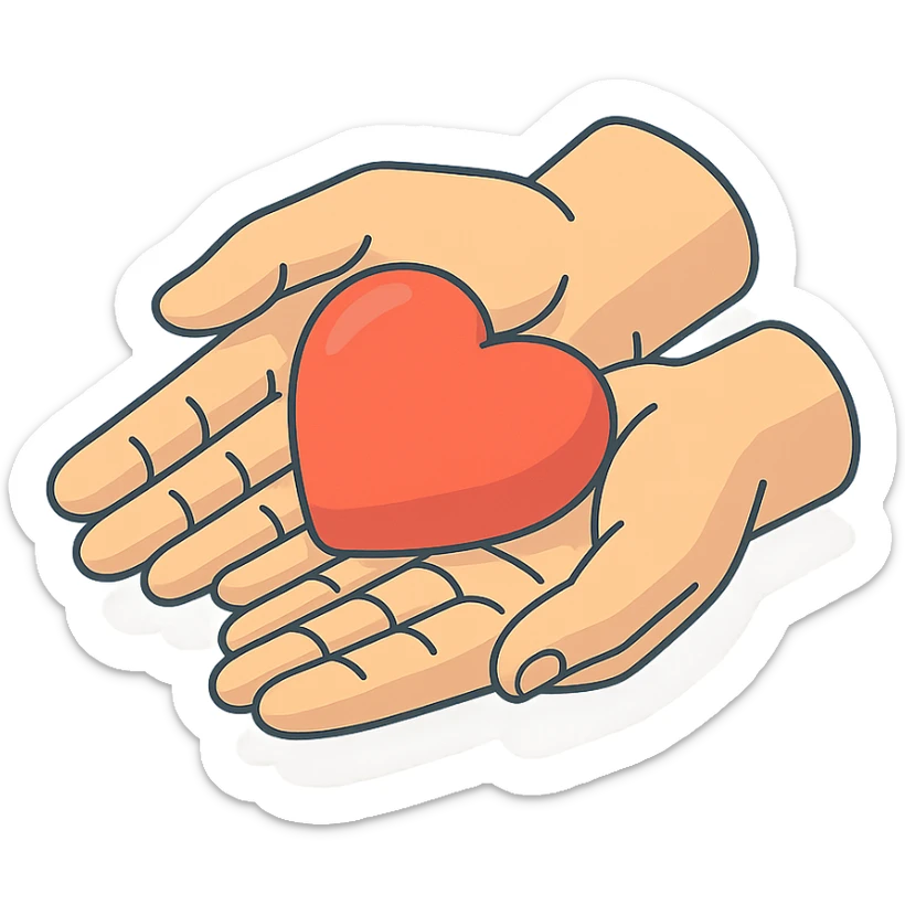 top view of heart in palms, 2D isometric style, very detailed drawing, detailed shadows and highlights, clean contours, soft lighting, transparent background sticker