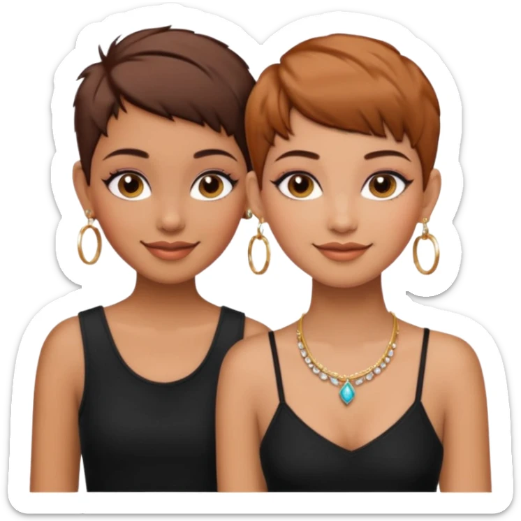 Puerto Rican fair skin straight brown pixie cut hair with hoop earrings make up and my best friend brown  colored pixie cut with jewelry and makeup on her caramel color face besties side-by-side wearing black  sticker