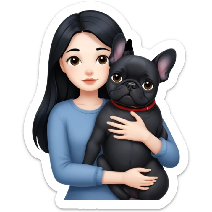 A beautiful girl with long black hair hugs a black French bulldog sticker