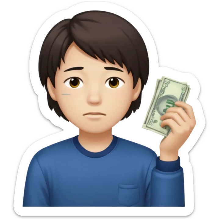 un niño de 15 años pelo medio largo, color blanco ojos marrones, medio chino de la cara, 1.60 de altura, cara agotada sin dormir y cansado con una mano llena de dinero sticker