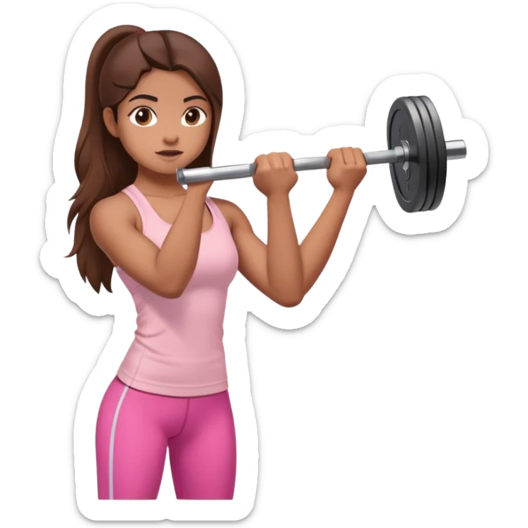 a north-east indian girl with long brown hair wearing a soft pink gym top lifting a barbell doing a shoulder press sticker