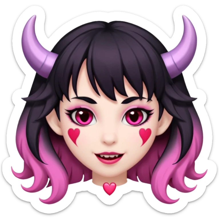 succubus,-pink-irises,-heart-pupils,-black-shaggy-hair,-straight-across-fringe,-grey-skin,-white-horns-curving-towards-forehead,-succubus-horns,-flirty-smile,-full-lips,-black-lips,-cute-fangs sticker