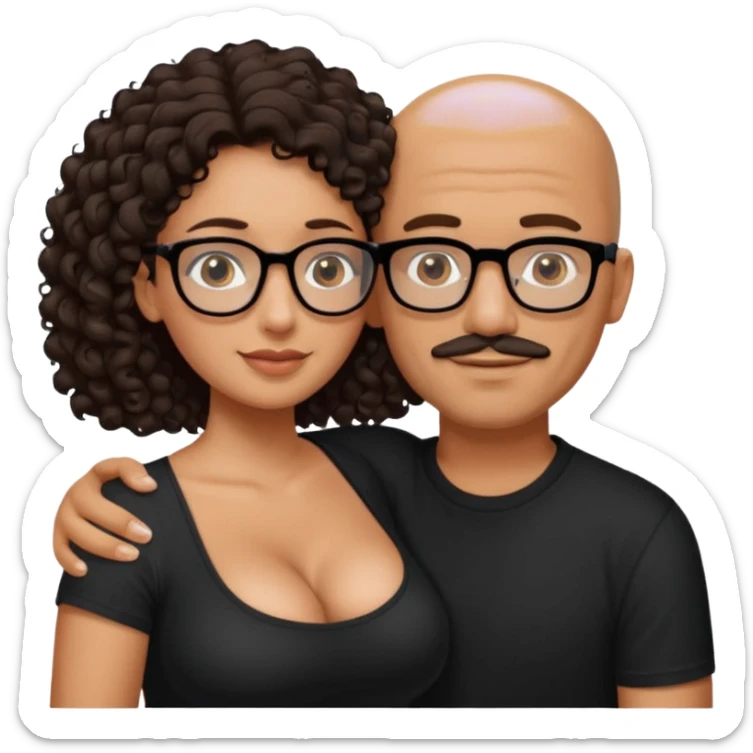 A picture of an embracing tanned couple. the man is a Mexican man with tanned skin, with a bald hair cut, short beard and wearing a black shirt. the woman is short with long curly dark brown hair and with big boobs. Put glasses on the woman only. No glasses on the man sticker