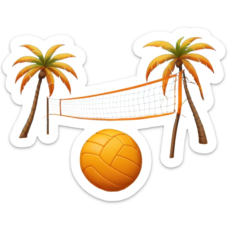 The scene captures a sunny sea beach with clear blue sea and sky, palm trees swaying. A volleyball resting on the orange sand ground of a beach, with a volleyball net in the background.  sticker