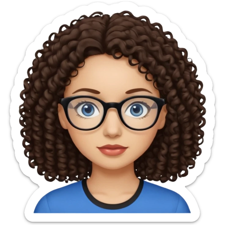 a woman, 30 years old, light skin with dark brown curly hair. eyeglasses. Black top. blue eyes. sticker