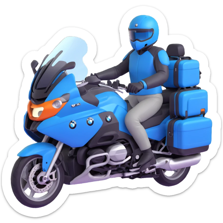 blue BMW R 1200 RT touring motorcycle with rider and saddlebags sticker