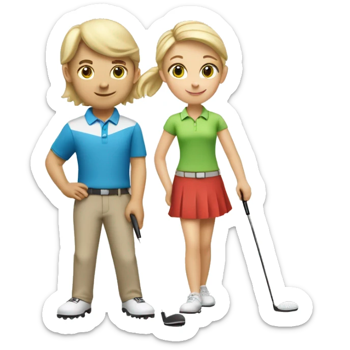 Blonde Caucasian little boy and brunette Caucasian little girl golfing with blonde golf coach sticker
