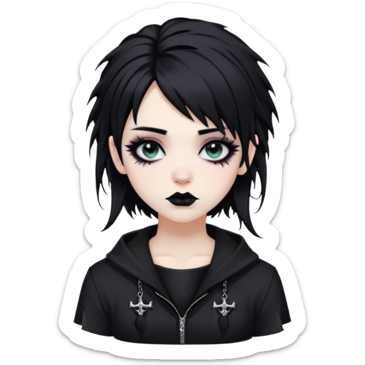 trad goth girl with messy black hair trad goth make up white skin and black trad goth clothes sticker