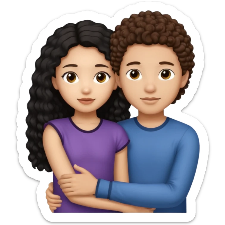 a lightskin boy with brown curly hair putting his arm around an asian girl with straight long black hair sticker