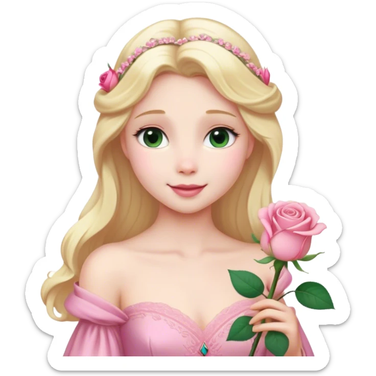 Cinematic Realistic Sleeping Beauty (Aurora) Portrait, with porcelain-like skin featuring a natural rosy flush, illuminated by soft lighting that highlights the gentle contours of her face. Her golden blonde hair flows in soft, detailed waves with subtle highlights that shimmer in the light. Her deep violet-blue eyes radiate warmth and innocence, framed by arched brows and long lashes. With a soft, serene smile, she holds a delicate rose gently in one hand, her other hand resting lightly by her side. She is dressed in her classic pink gown, the fabric rich in texture with delicate folds that catch the light. A golden crown rests atop her head, gleaming with royal refinement. The portrait captures a soft, glowing aura, blending realism with an ethereal sense of beauty and timeless enchantment. sticker