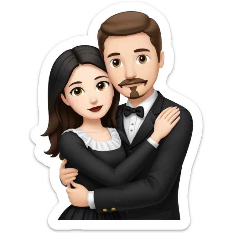 tall white man with brown hair goatee mustache hugging a pale woman with long black hair, wearing black and white formal clothing sticker