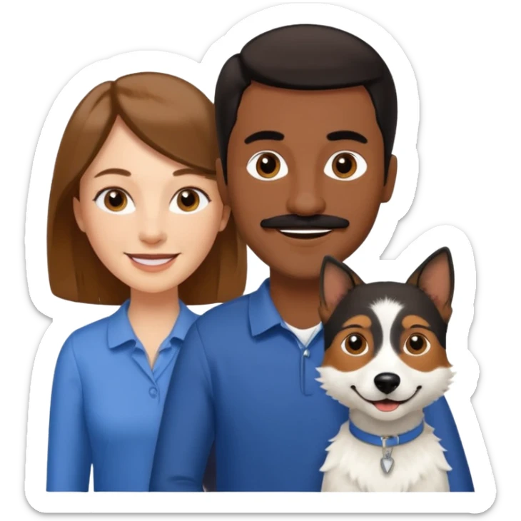 Quiero a una mujer blanca  con el pelo por el hombro lacio castaño  con un hombre de color morochito con el pelo negro y bigote, ambos felices  y un solo perro blanco Fox terrier  sticker