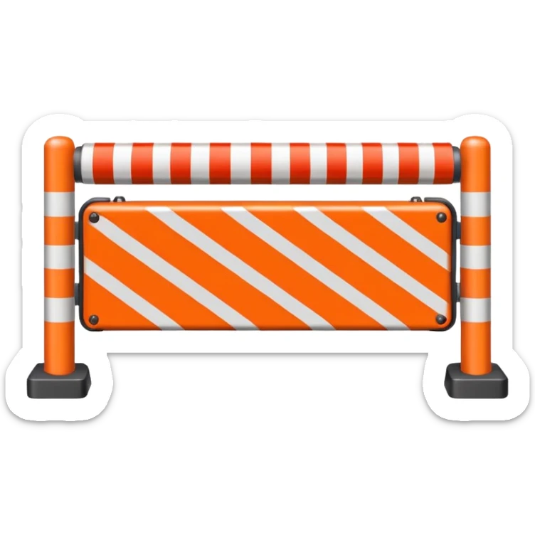 Flat emoji-style icon of a boom barrier.
Orange control box.
Red and white striped barrier arm coming out of the box.
Box is solid orange only, arm is red-white only.
NOT gates, NOT fence, NOT fully red-white barrier. sticker
