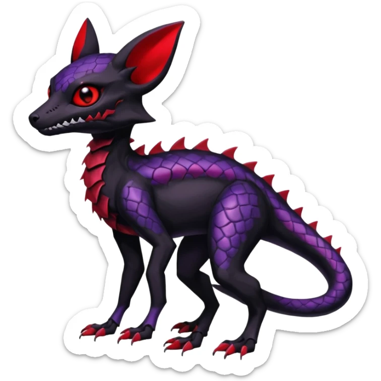 Gothic Black red purple Scaley Exotic Salandit-Umbreon-Noibat-Fakémon-hybrid-creature (full body), 4 legs, white skull face mask sticker