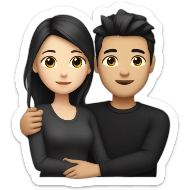 Blonde girl with brown eyes in black sweater and asian man with black hair hugging sticker