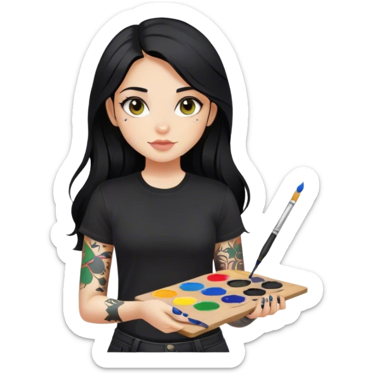 A girl with long black hair  light complexion and hazel eyes and black tattoos on right arm holding a paint palette  wearing black shirt sticker
