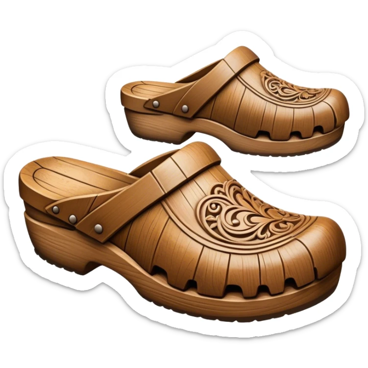Cinematic Realistic Wooden Clogs Emoji, depicted as a pair of traditionally carved weathered wooden clogs with intricate details and rustic charm, rendered with rich textures and warm natural lighting that captures their cultural heritage. sticker