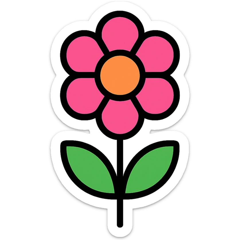 A colorful, outlined icon of a flower with black outlines, vibrant and eye-catching sticker