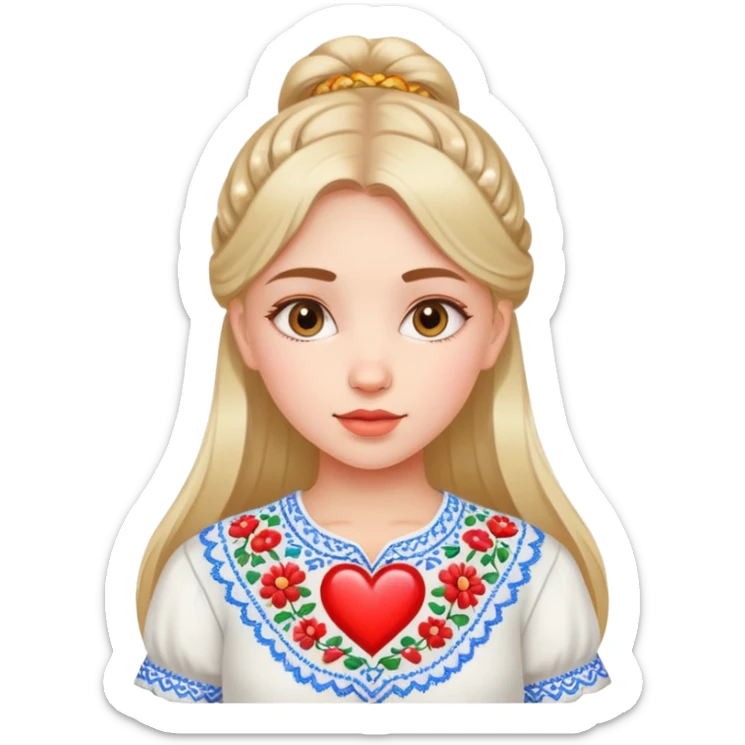 beautiful young girl wearing a white Ukrainian embroidered shirt with a big heart sticker