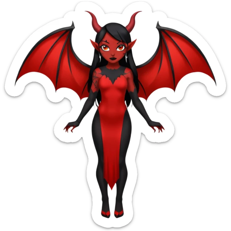 Full red-skin demon girl (entire body red), long black hair, small red horns, pointed ears, single bat wing, black open-back dress, bold tattoo-flash comic linework, red/black/gray, dark background, no text. sticker