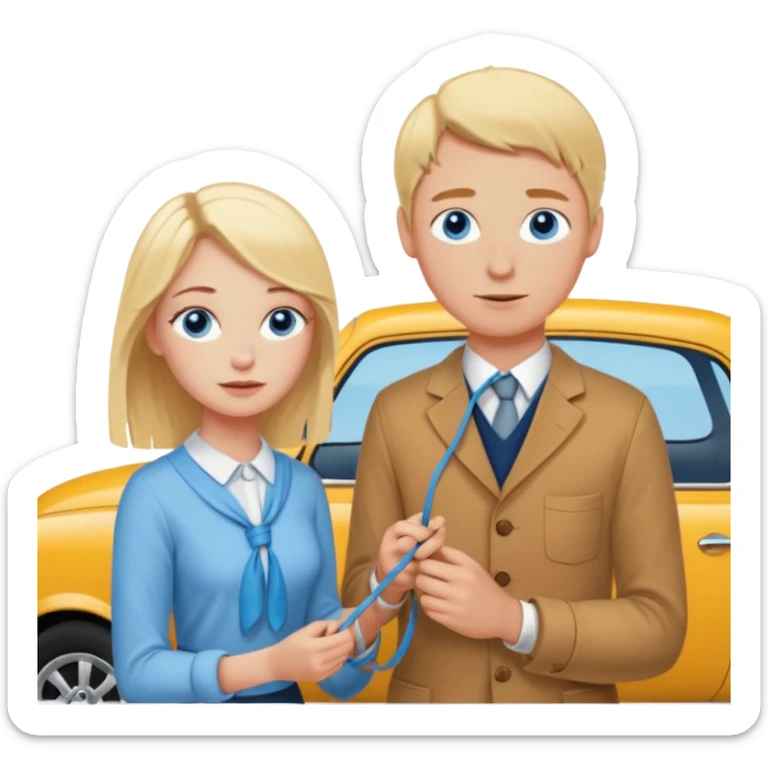 crea un emoji con esos 3 en conjunto👫🏻🪢🚘 & que la chica sea rubia y tenga pecas en la cara y tenga los ojos azules sticker