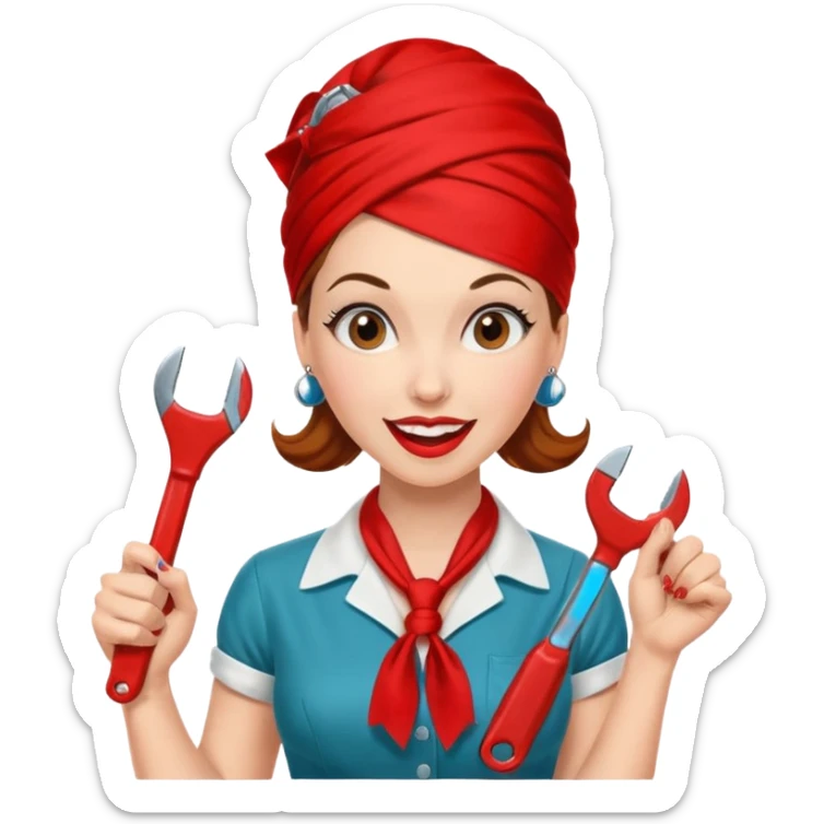 A 50ies housewife who is excited about working and is a powerwoman because she husstles a lot. A bit like the woman from Real Vintage Doll House. And the woman from We Can Do It!. Rockabilly vibe. Cartoonish perhaps? Help me :D sticker