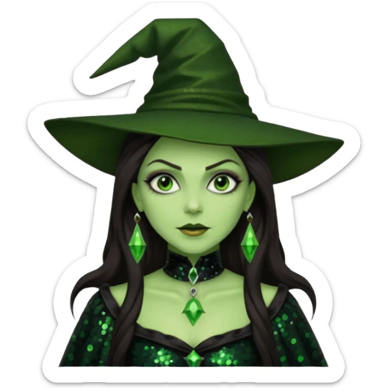 The Wicked Witch from The Land of Oz with green skin, long dark brown hair, black sequin outfit sticker