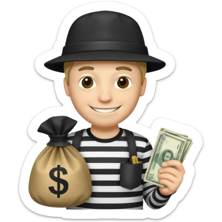 robber with 4 lines of black and white striped shirt and he has a money bag in his hand and a robber hat and he is smiling and he is white sticker