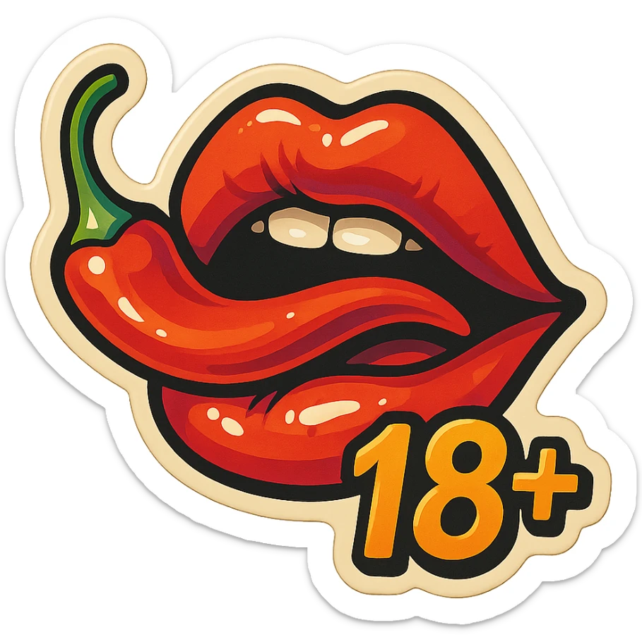 retro sticker-style illustration of lips with a chili pepper in the mouth and '18+' text, juicy, bold, playful, expressive shadows, highlights, sticker-like volume, varied pepper and lip positions sticker