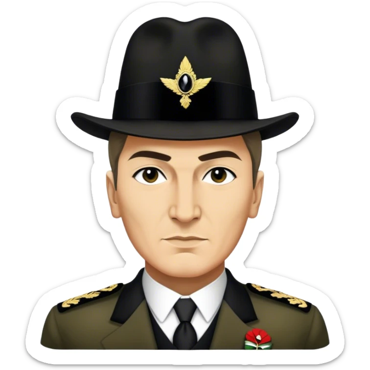 ​Cinematic Realistic Portrait of a Young Mustafa Kemal Atatürk, depicted in his iconic tall black hat and traditional attire with a confident, visionary expression, rendered with rich historical textures and warm, inspiring lighting that captures his youthful dynamism and transformative leadership, sticker