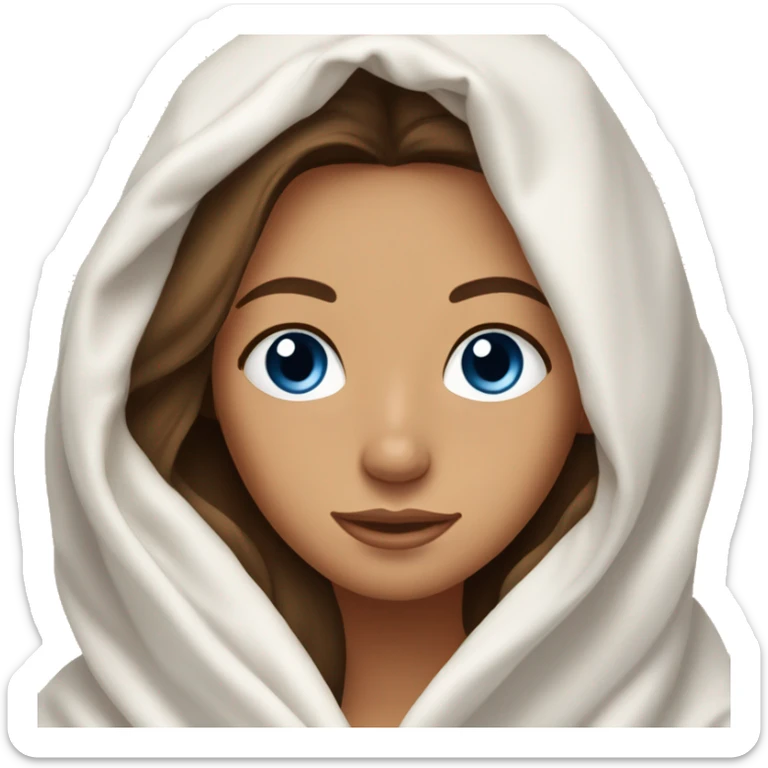 Beautiful brunette with long hair, slightly tan skin, and blue eyes, snuggled up in a warm white blanket, wearing golden earrings. sticker