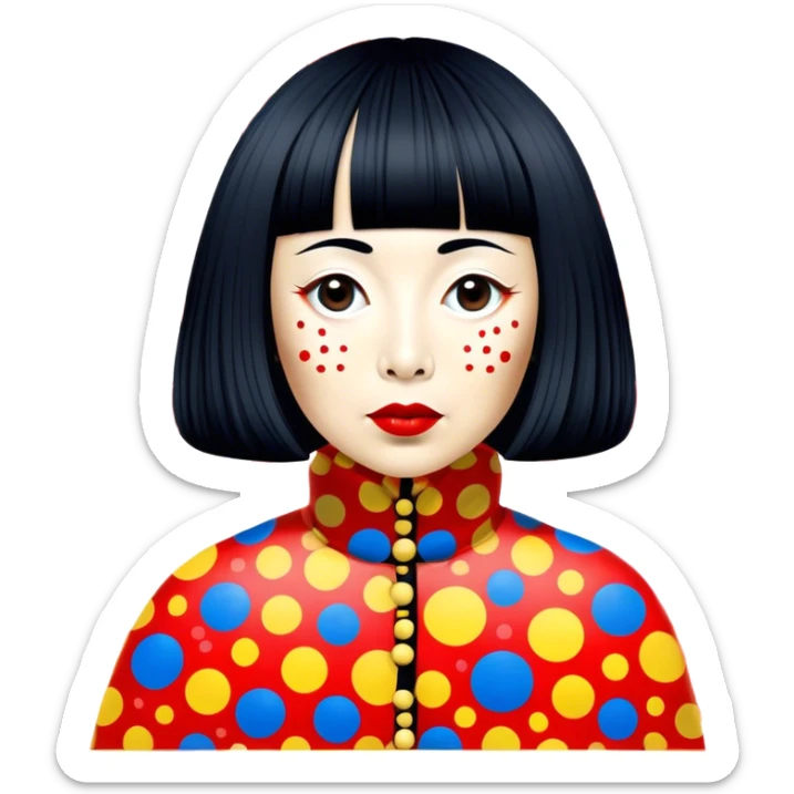 Yayoi Kusama – Cinematic Realistic Portrait of old Japanese artist Yayoi Kusama, depicted as an avant-garde artist with an eccentric, captivating expression surrounded by her iconic polka dot patterns, rendered with vivid textures and imaginative lighting that evokes her unique, surreal creative world. sticker