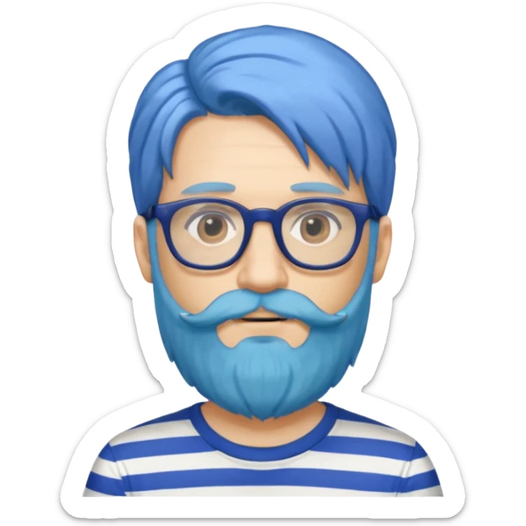 man with long blue hair, glasses, and a long beard and wearing a striped t-shirt sticker