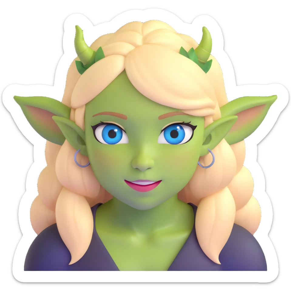 pretty girl with blonde hair, blue eyes, green ogre ears sticker