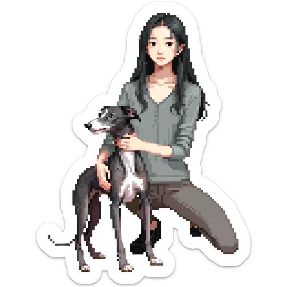 Slim Chinese girl with long black hair petting a dark grey Italian greyhound with a visible grey chest, no white markings anywhere sticker