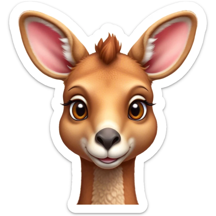 Cinematic Cute Adult Red Kangaroo Portrait Emoji, Head tilted playfully and inquisitively, showcasing a charming, robust build with soft reddish fur and a uniquely camel-like head featuring a gentle, elongated snout and rounded ears, with large, sparkling eyes full of wonder, Simplified yet irresistibly adorable features, highly detailed, glowing with a warm, friendly glow, high shine, affectionate and lively, stylized with a touch of outback whimsy, soft glowing outline, capturing the essence of a mischievous yet loving kangaroo that seems as if it could hop out of the screen into your arms! sticker