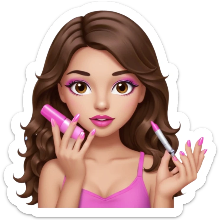girl with long wavy brown hair, brown eyes, light to medium complexion, in a pink sexy top, pink lips, long lashes, puckered lips, showing my nails sticker