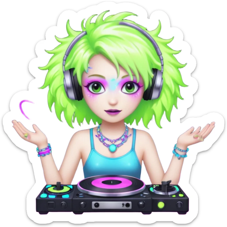  hard-techno-rave-fairy,-holding-a-dj-turntable,-wild-hair,-neon-sparkles,-minimal-background sticker