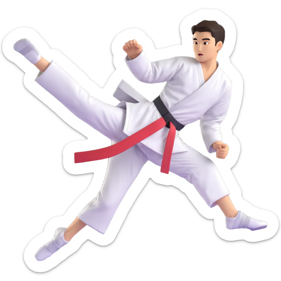 Taekwondo fighter performing a high jump kick, mid-air action, detailed dobok with belt sticker