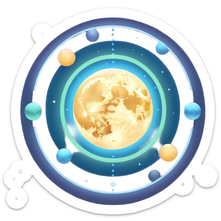 Glowing orb floating above layered moon phases, surrounded by soft rings of light, with tiny stars marking checkpoint points in orbit. sticker