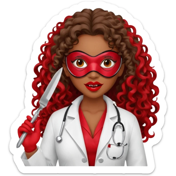 Lilith symbol seductress evil woman. She had brown long curly hair.  evil surgeon kills with scalpel wears red sexy doctor coat with red mouth mask  sticker