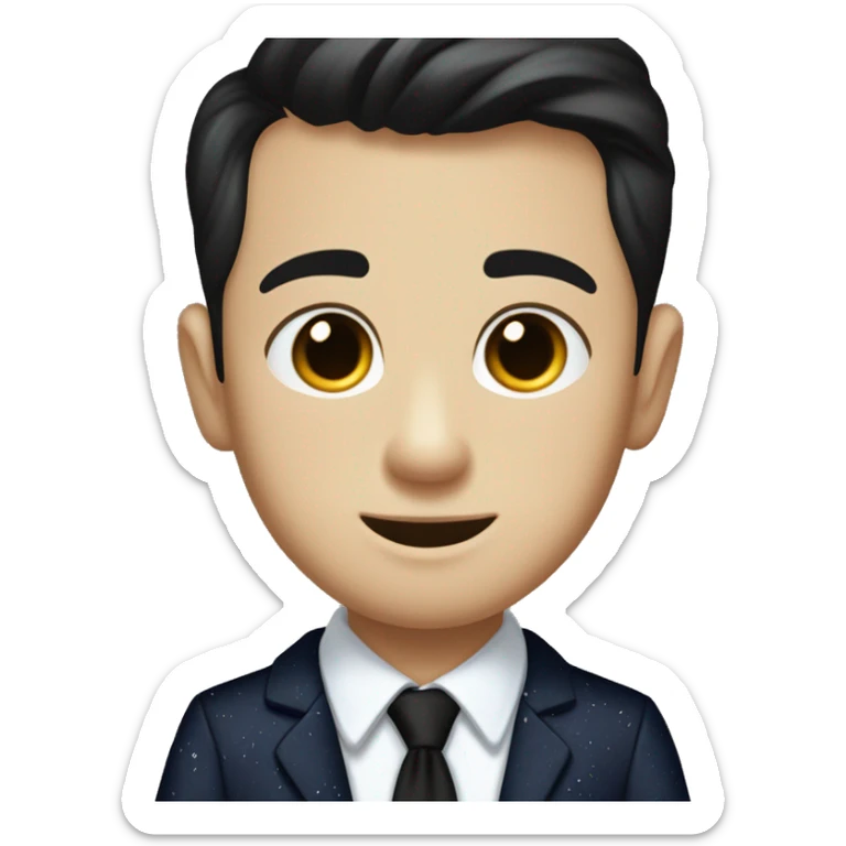 Teenage white boy with brown eyes and black short combover hair in a navy blue dress shirt with a black tie and a black and white speckled corduroy jacket sticker