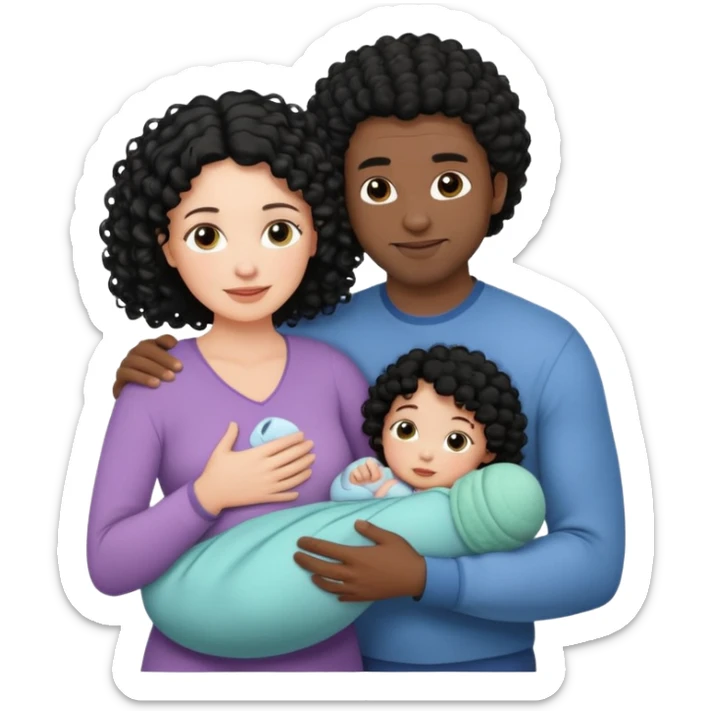 family: white woman curly black hair, black man with short black frizz hair, one 2 y o daughter , and a newborn in the and of the mother sticker