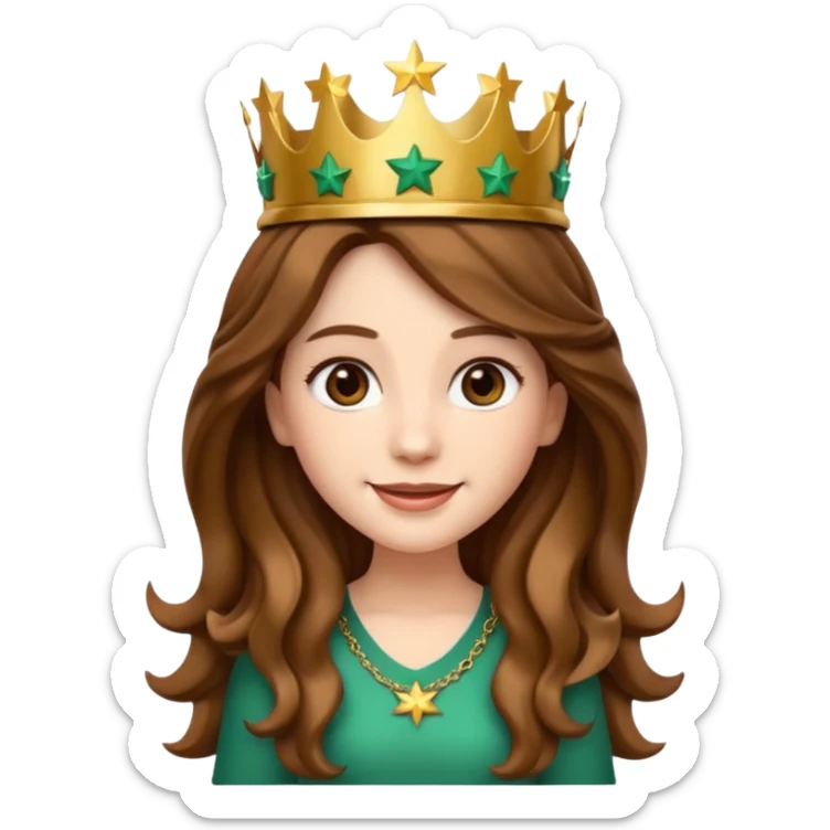 Apple style 3D emoji of a young woman inspired by the Starbucks logo. She has long wavy hair on both sides, a crown with a star on her head, and a soft smile. Smooth, shiny, simple emoji look. sticker