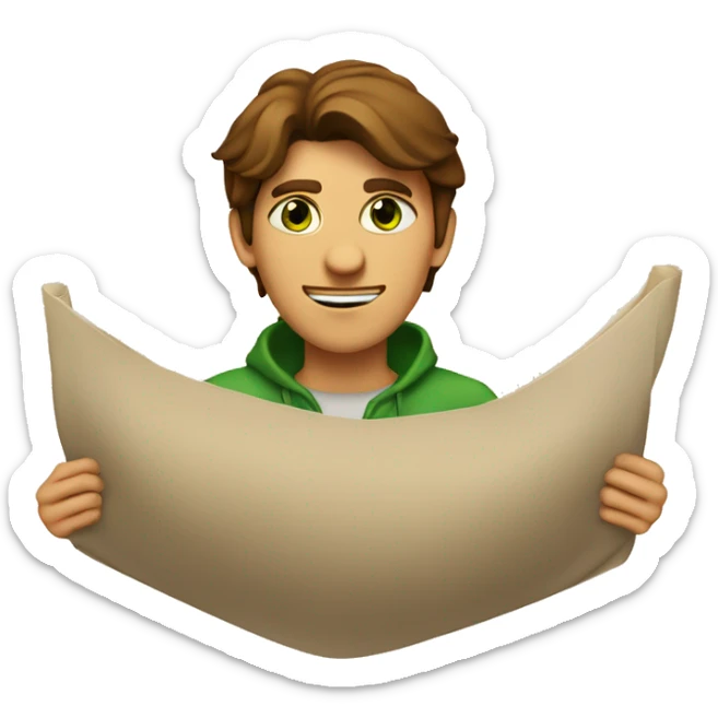 a light-skinned green-eyed man with brown hair sitting in front of the paper scroll  sticker