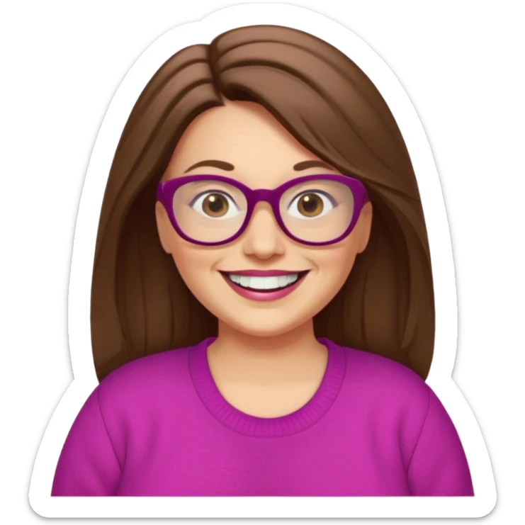 50 yr Caucasian woman, long brown hair parted on side, brown eyes, glasses, big smile, white teeth, fuscia sweater, chubby sticker
