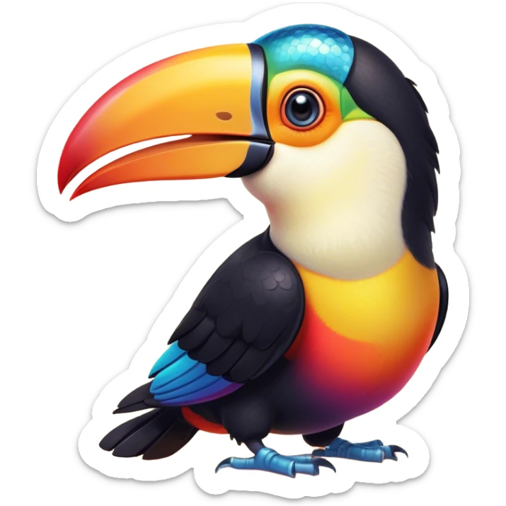 Cinematic Cute Toucan Portrait Emoji, Head tilted playfully and inquisitively, with a delightfully vibrant beak and round, sparkling eyes filled with tropical charm, Simplified yet irresistibly adorable features, highly detailed, glowing with a warm, inviting tropical glow, high shine, affectionate and lively, stylized with a touch of whimsical exotic flair, soft glowing outline, capturing the essence of a mischievous yet loving toucan that seems as if it could flutter out of the screen into your arms! sticker